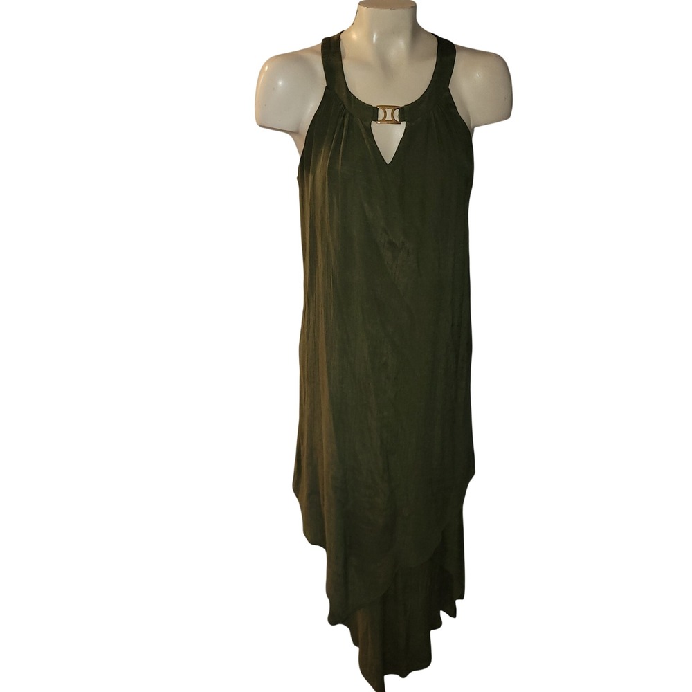 AUW Olive‎ Green Halter Neck Asymmetrical Layered Midi Dress Lagenlook capsule M